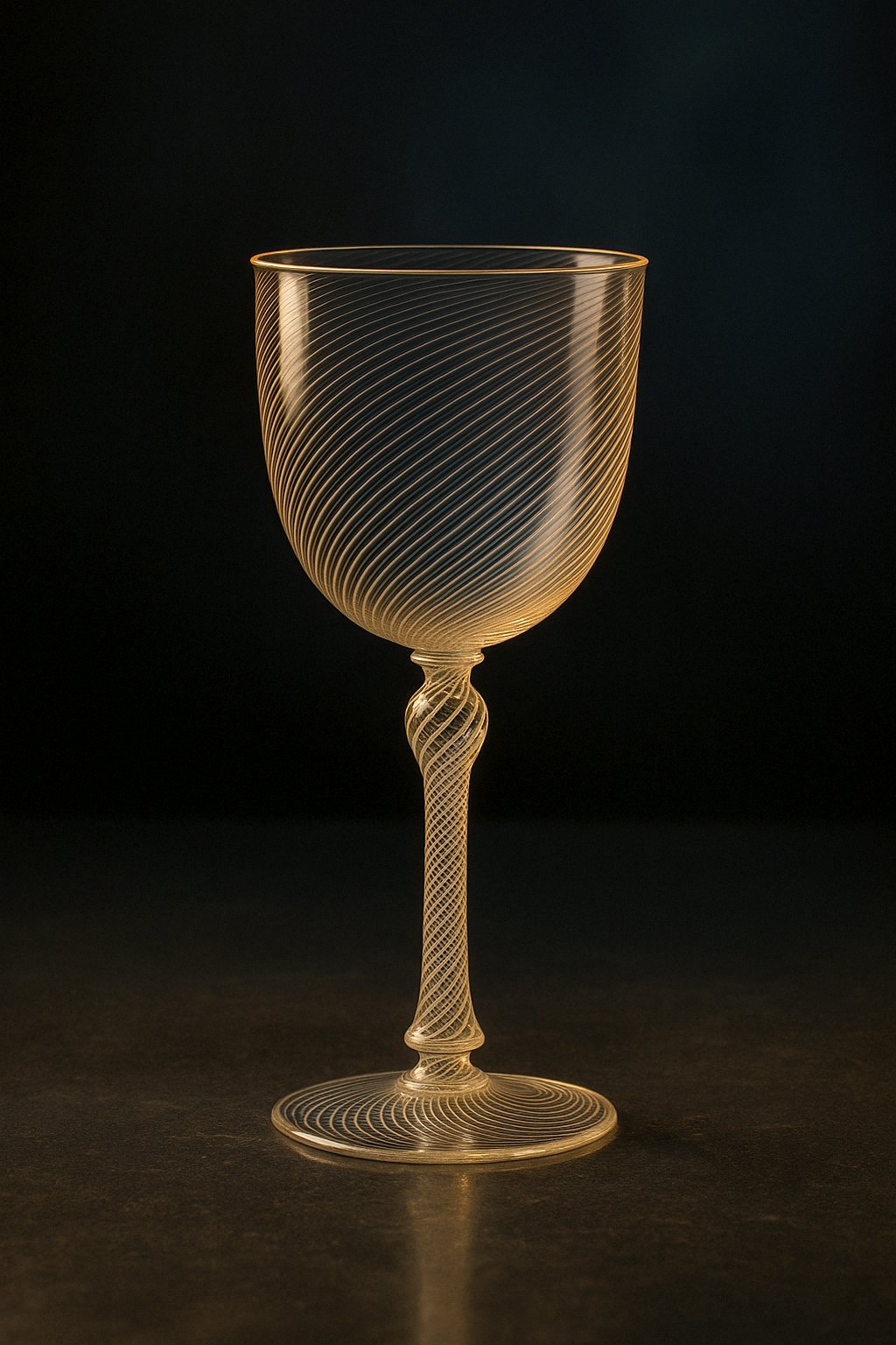 Acqua Alta — a filigrana goblet with white spiral canes through bowl and stem.