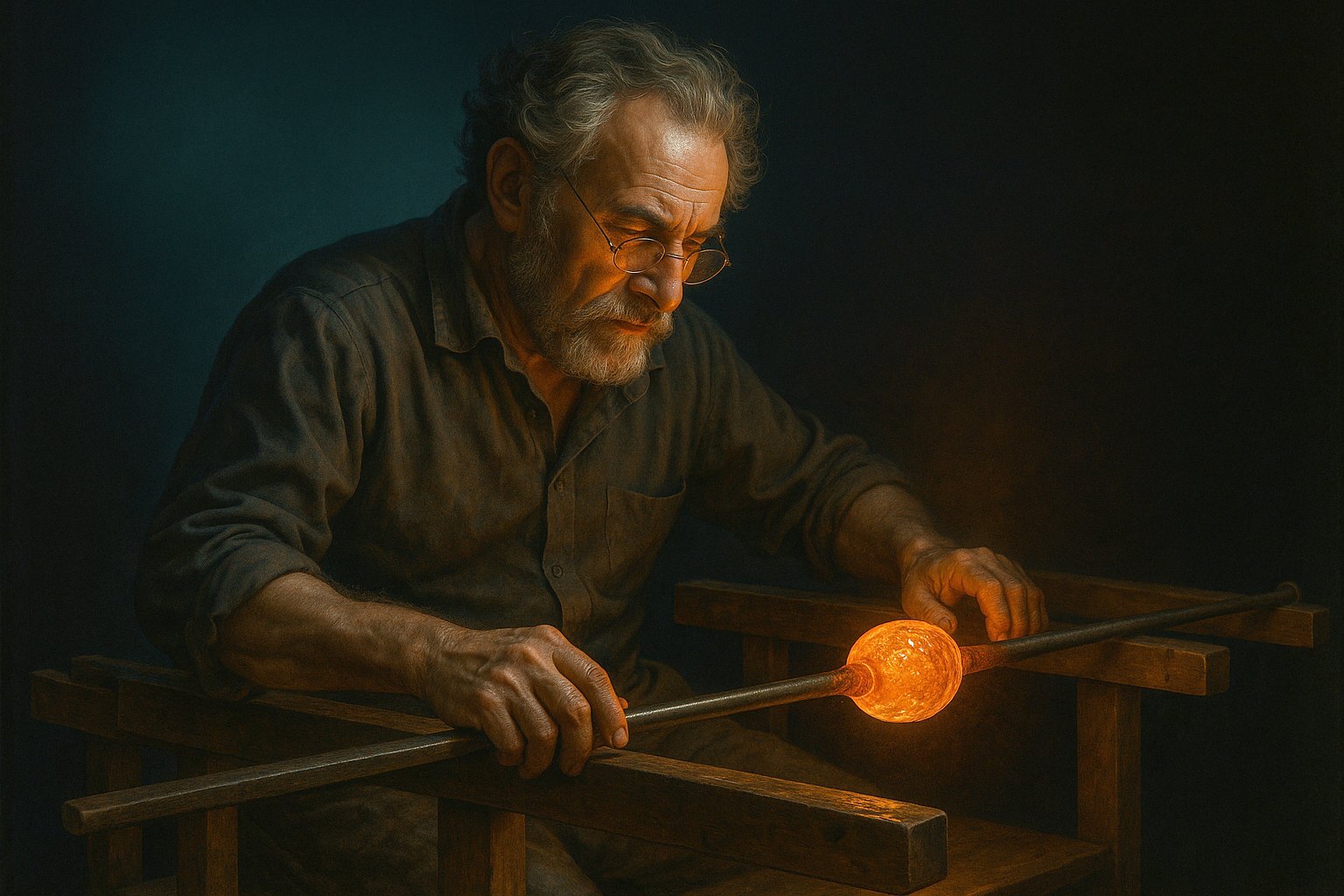 The maestro at the scagno, rolling a blowpipe, his face lit by the glowing gather of molten glass.